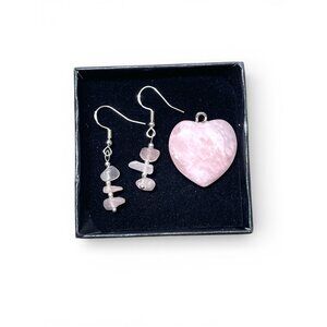 Rose Quartz Heart Pendant & Earrings Set With Sterling Silver Hooks In Gift Box